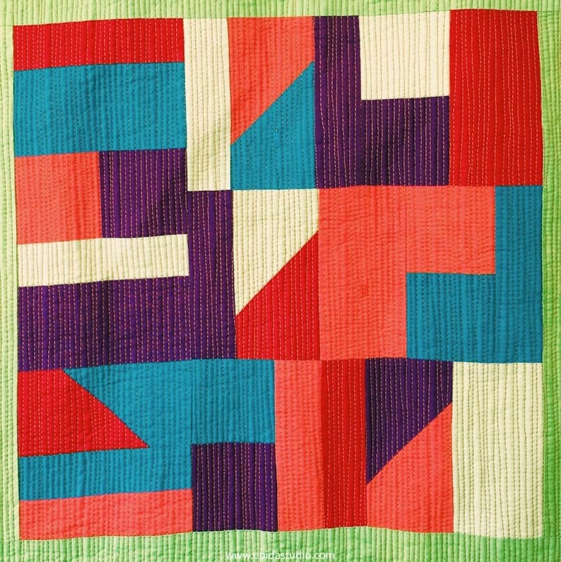 Pojagi Inspirations quilt block in bright primary colours.