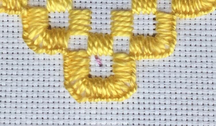 first stitch in making an eyelet.