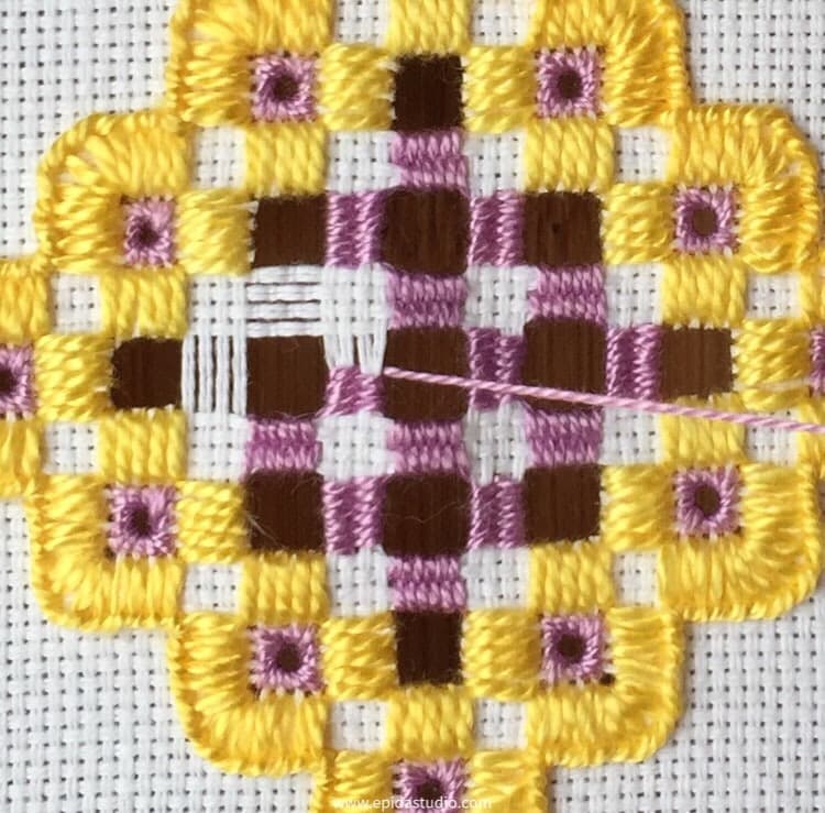 preparing for the dove's eye embroidery.