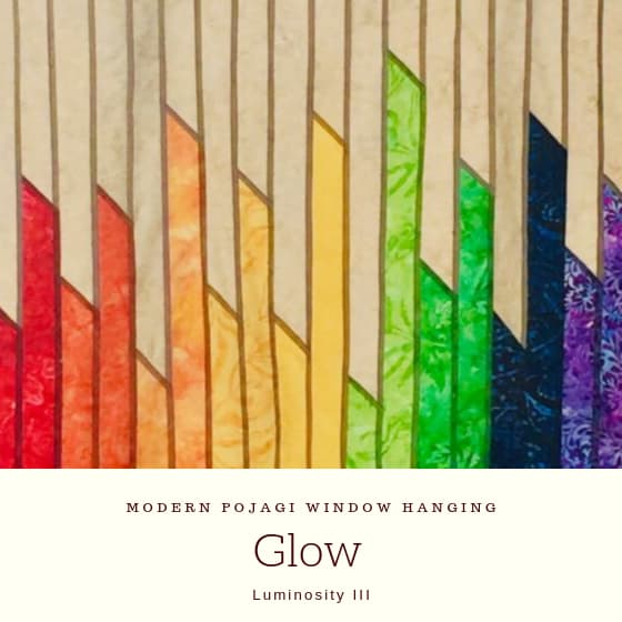 pojagi made with colourful strips and title "Glow"