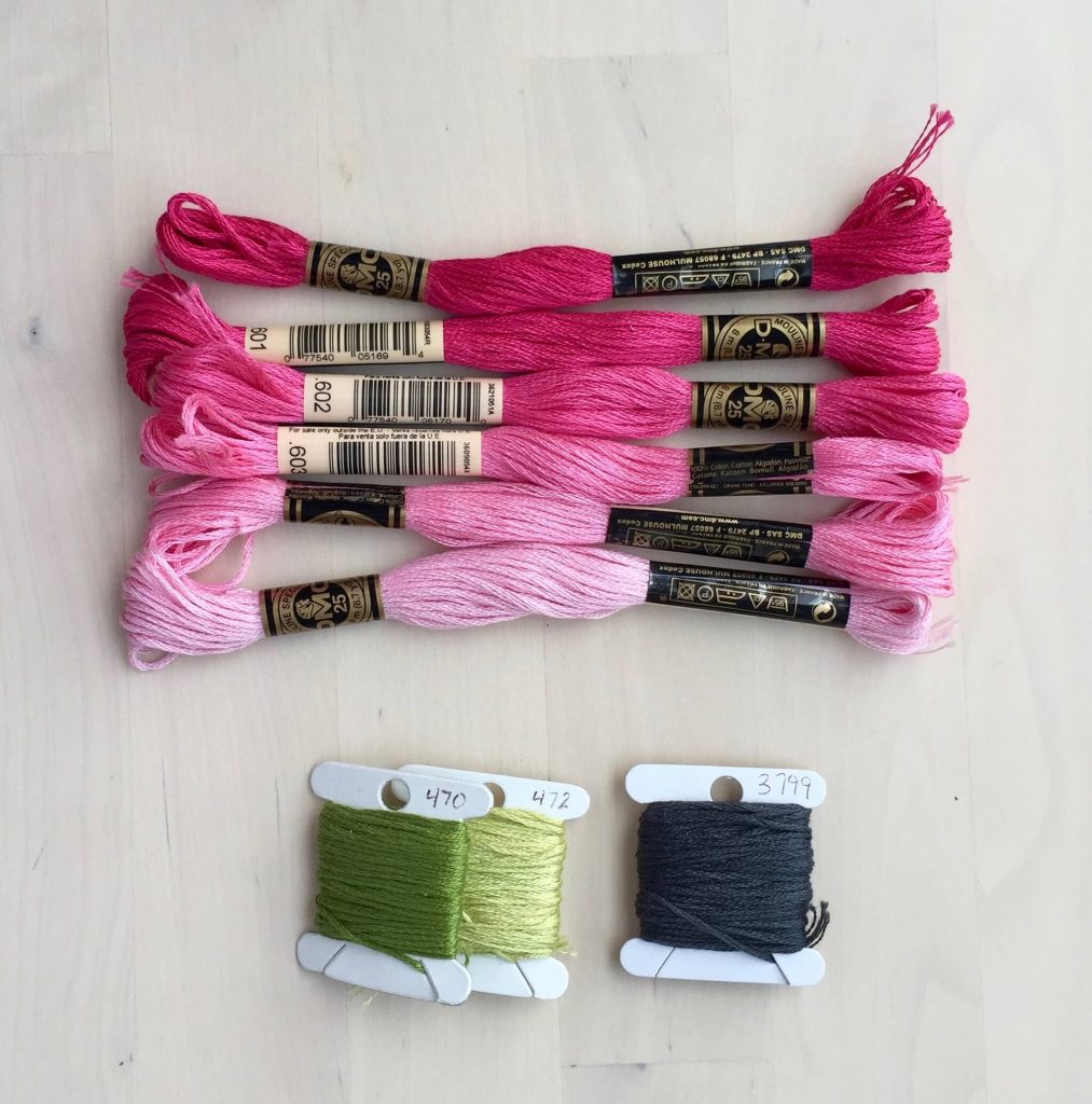 pink and green DMC embroidery floss