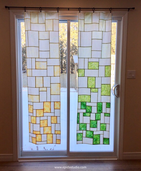 yellow and green modern pojagi panels in glass door