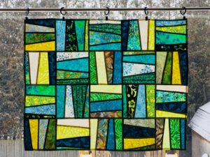 blue and green modern pojagi window hanging