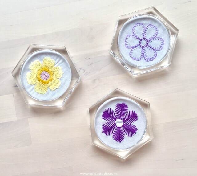 acrylic coasters with flower embroidery inserts