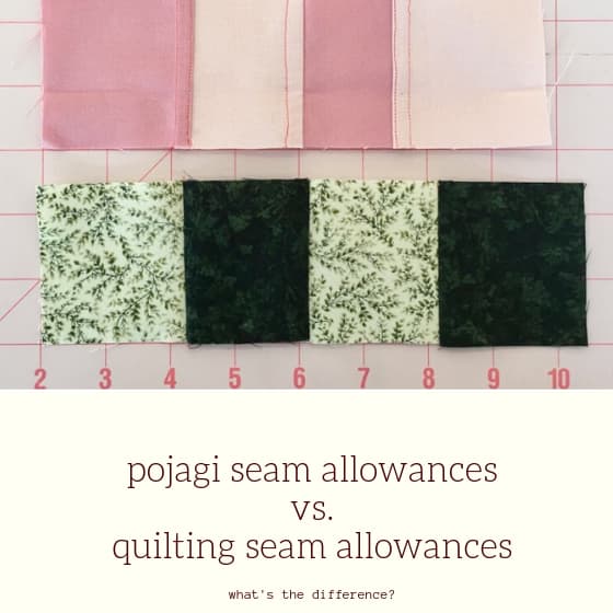 two pieced strips of fabric with title "pojagi seam allowances vs. quilting seam allowances"