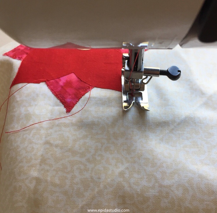 stitching an outline on applique with sewing machine.