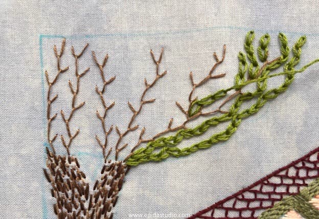 stitching a leaves with chain stitch.