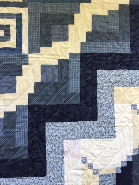 close up of log cabin sampler quilt.