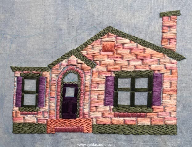 straight stitch embroidered house.