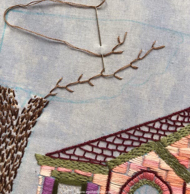 stitching tree branches with feather stitch.