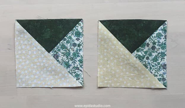 two split half square triangle patchwork pieces.