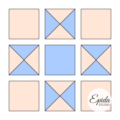 Log Cabin quilt block pattern diagram, Ohio Star quilt block template, Flying Geese quilt block layout, Half-Square Triangle sewing guide