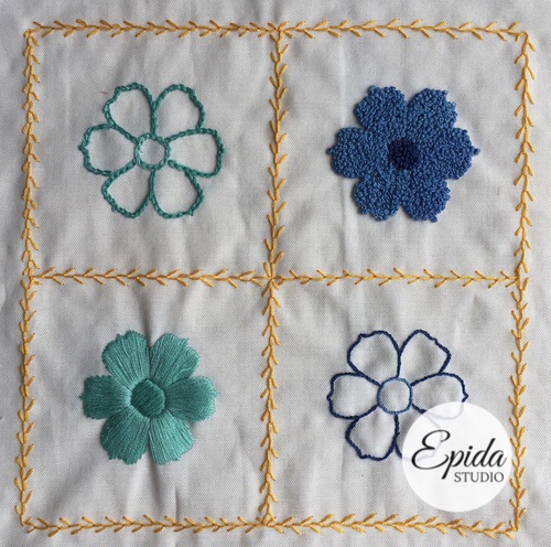 embroidered blue motif sampler.