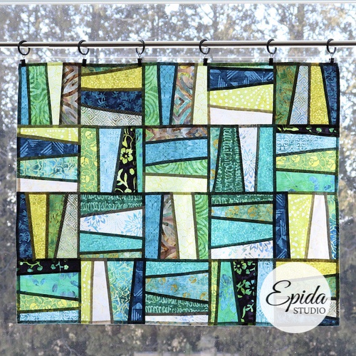 green pojagi improv window hanging.